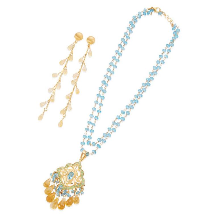 21k Gold Citrine Earrings and Pendant Necklace
