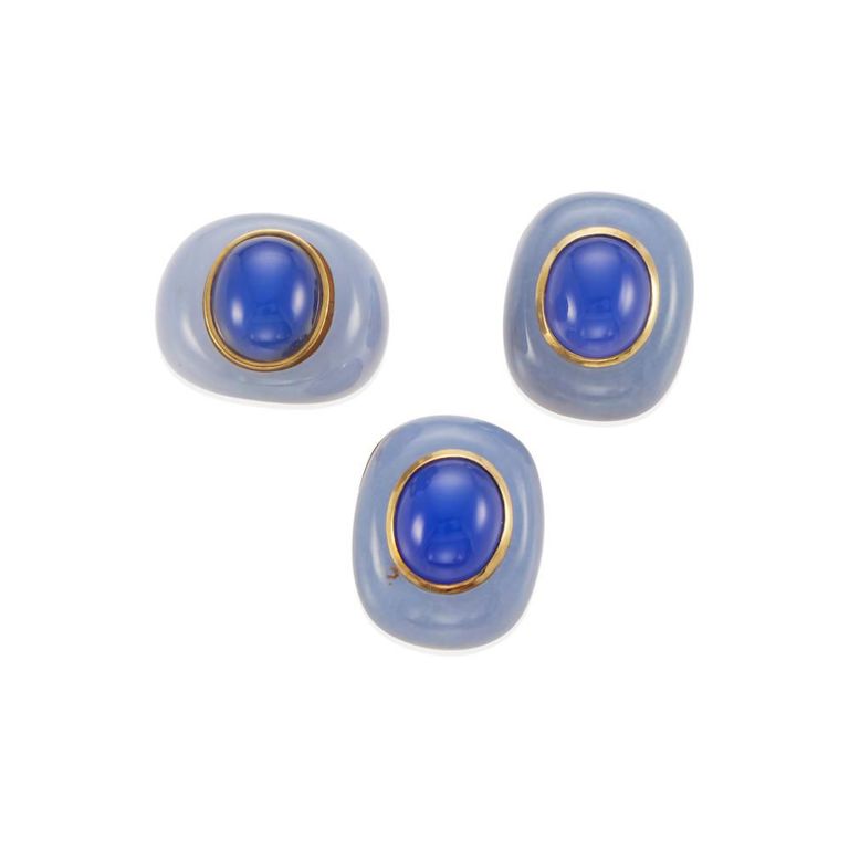 18k Gold Chalcedony Ear Clips and Ring Set