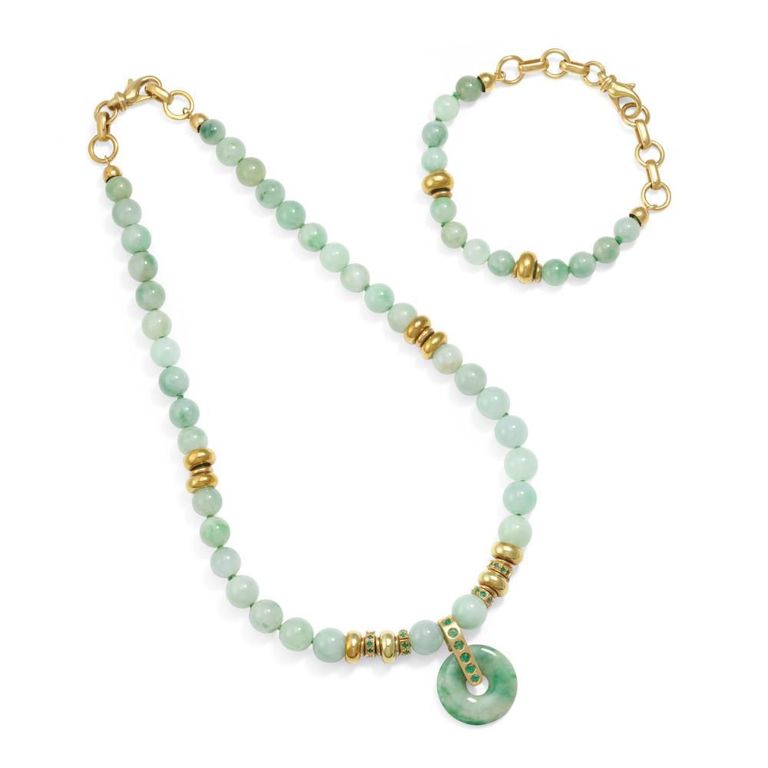18k Gold Jade and Emerald Necklace and Bracelet