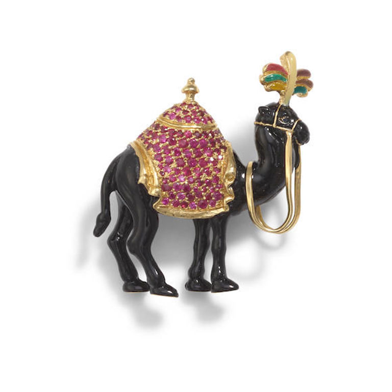 18k Gold Ruby and Enamel Camel Brooch/Pendant