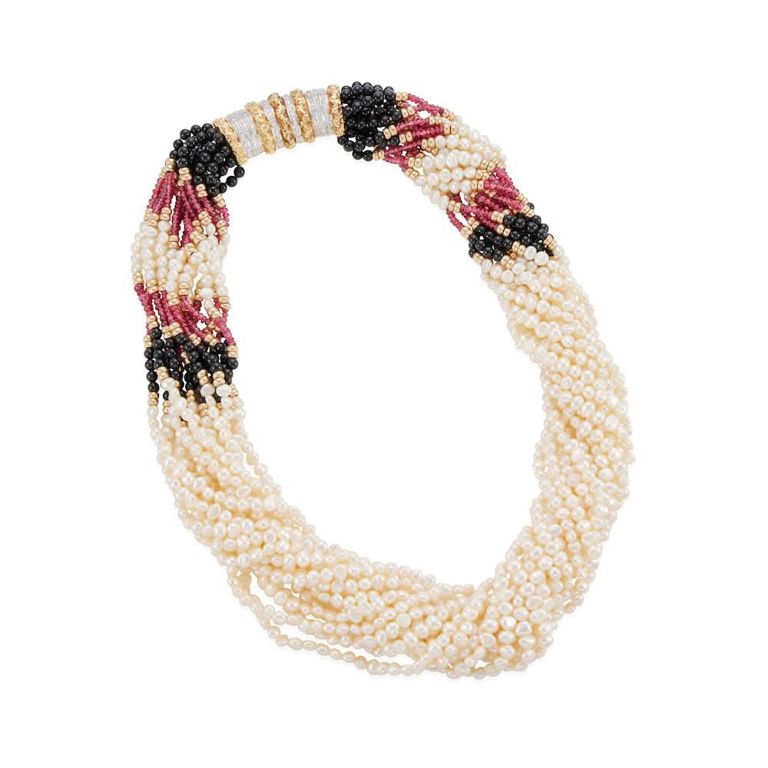 Cultured Pearl, Ruby and Onyx Necklace