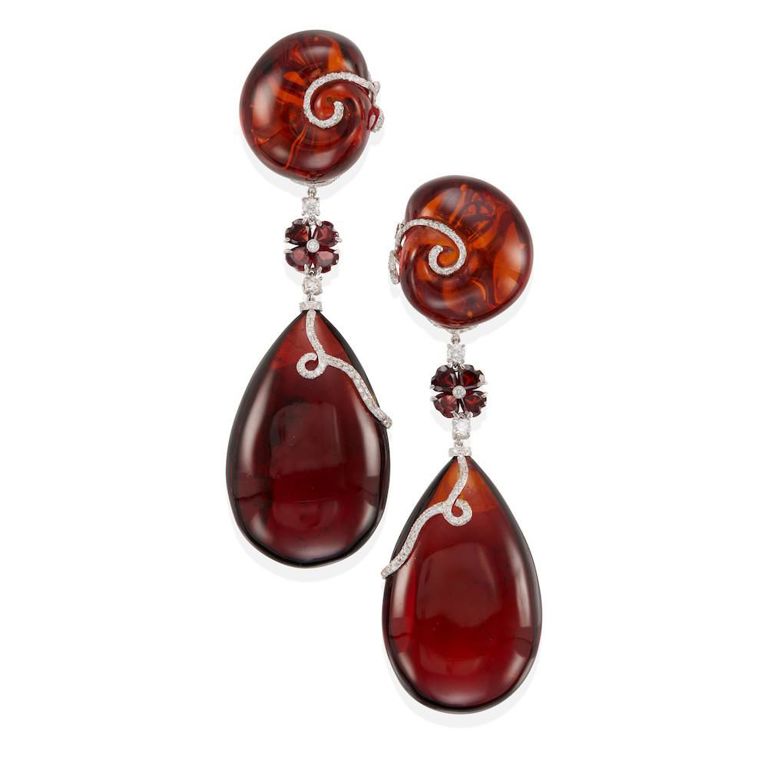 18k Gold Amber, Garnet and Diamond Ear Clips