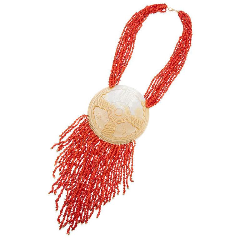 18k Gold Coral and Mother-of-Pearl Necklace