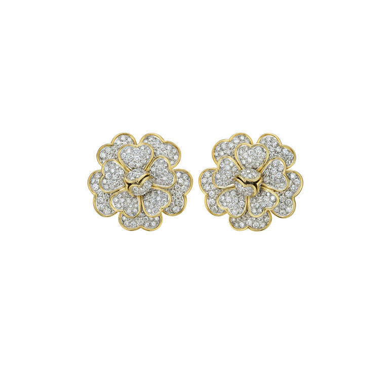 18k Yellow and White Gold Diamond Flower Earrings