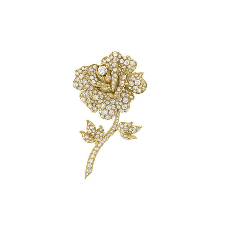 18k Yellow Gold Diamond Rose Brooch