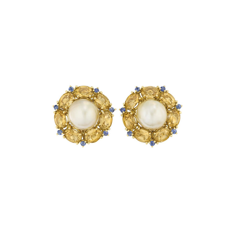 18k Gold Pearl, Citrine and Sapphire Earrings