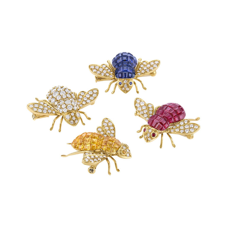 Four 18k Yellow Gold Multi-Gem Bee Brooches