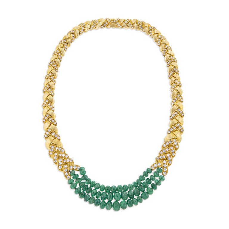 18k Yellow Gold Emerald and Diamond Necklace
