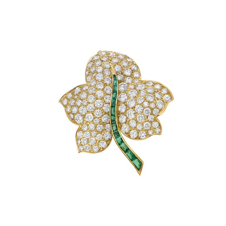 Yellow Gold Emerald and Diamond Leaf Brooch