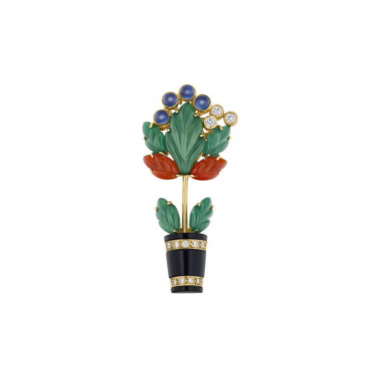 18k Yellow Gold Multi-Gem Potted Plant Brooch