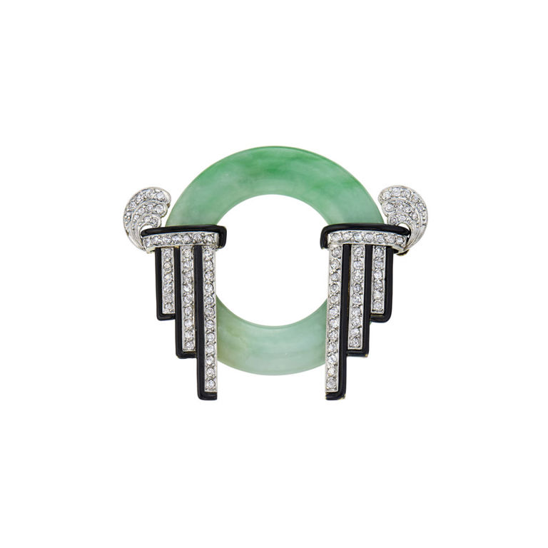Gold and Platinum Jade, Enamel and Diamond Brooch