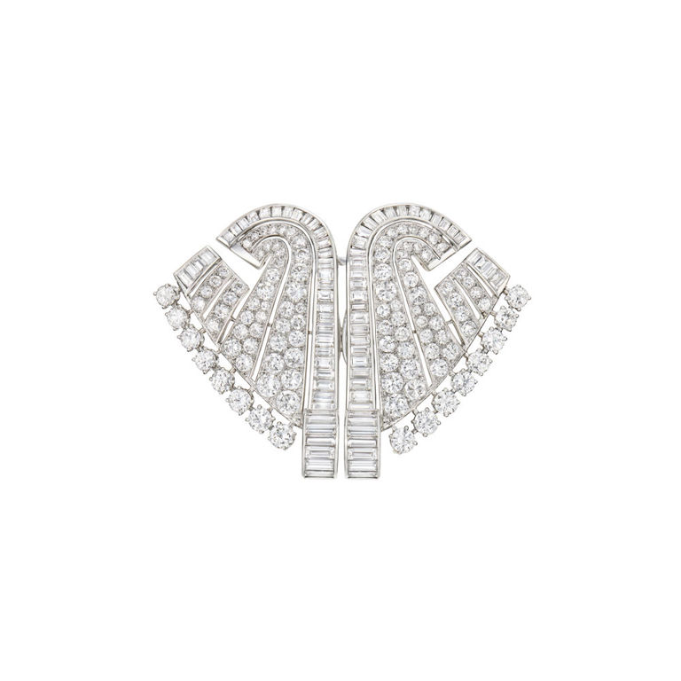 Platinum and 18k Gold Diamond Double Clip Brooch