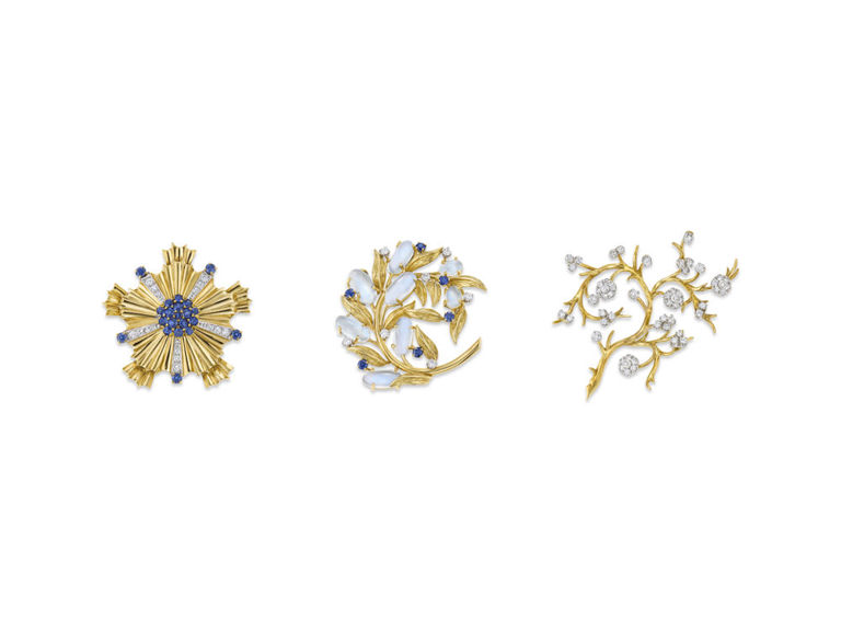 Three Yellow Gold Multi-Gem and Diamond Brooches
