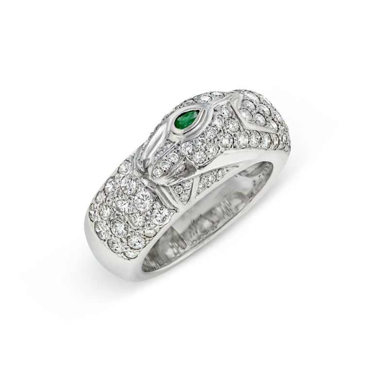 18k White Gold Emerald and Diamond Panther Ring