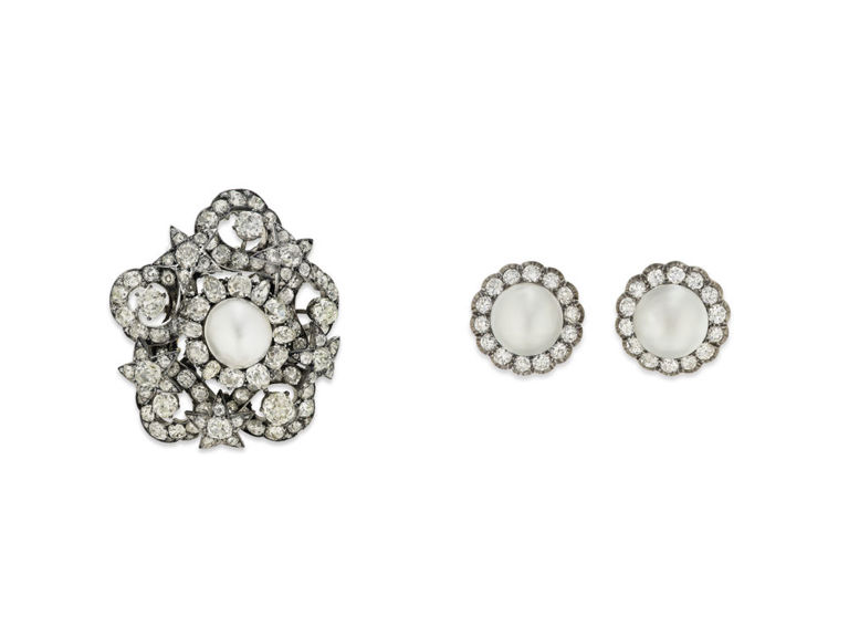 Silver and 18k Gold Diamond and Pearl Jewelry Set