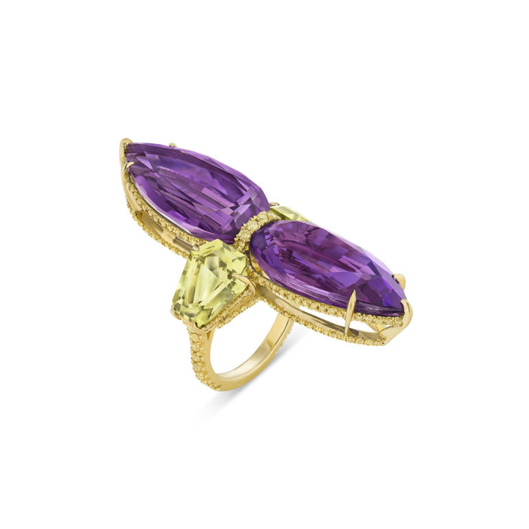 18k Yellow Gold Amethyst, Quartz and Diamond Ring