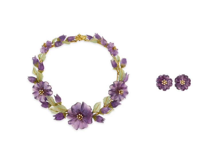 18k Yellow Gold Gem-Set Pansy Jewelry Set