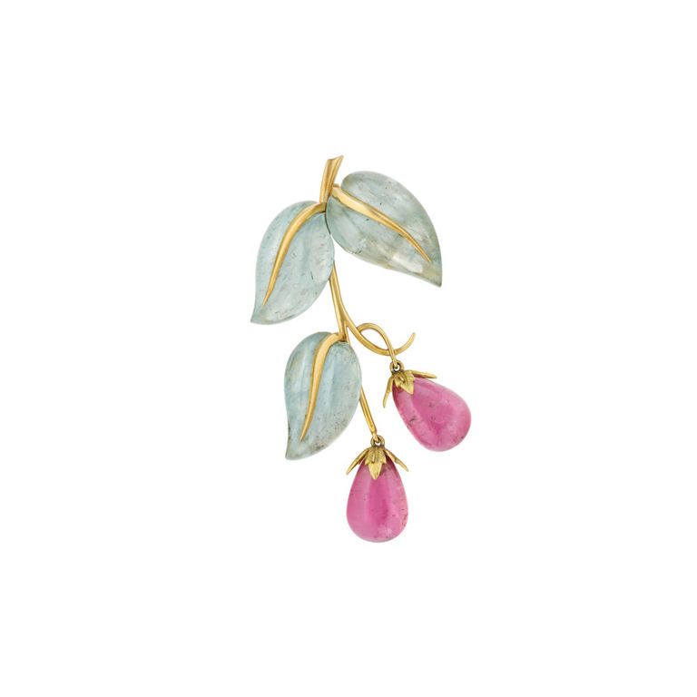 18k Yellow Gold Aquamarine and Tourmaline Brooch