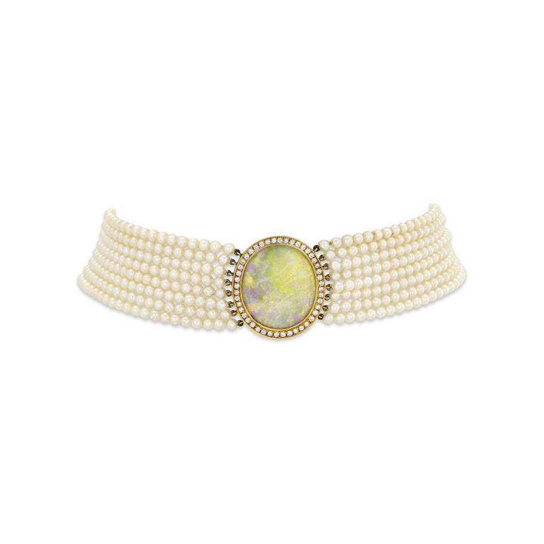 Opal, Pearl and Diamond Choker Necklace