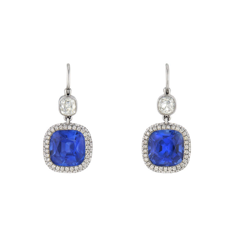 Platinum Sapphire and Diamond Pendant Earrings