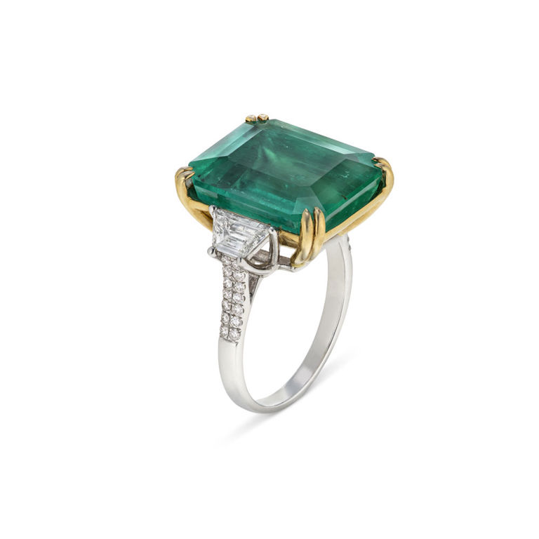 Platinum and 18 Gold Emerald and Diamond Ring