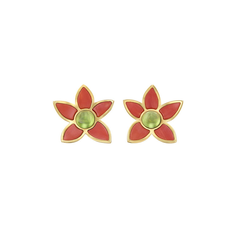 18k Yellow Gold Coral and Peridot Flower Earrings