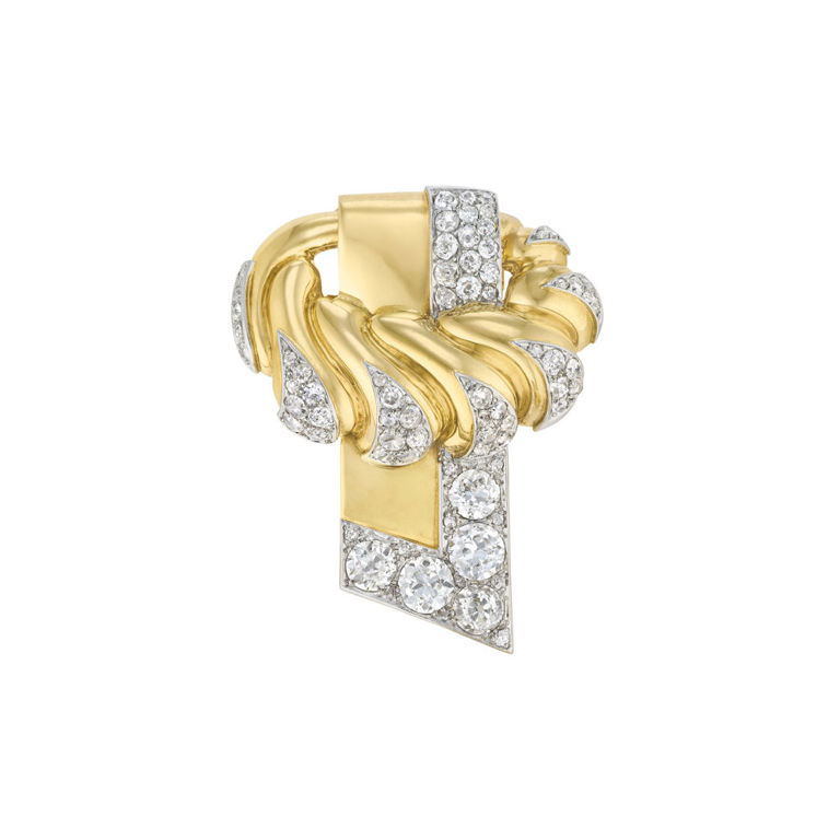 18k Yellow Gold and Platinum Diamond Clip Brooch