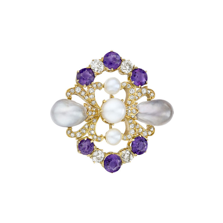 Yellow Gold Pearl, Amethyst and Diamond Brooch