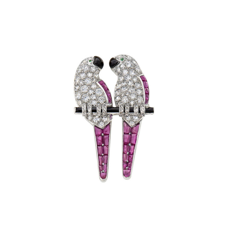 Platinum Multi-Gem Lovebird Brooch