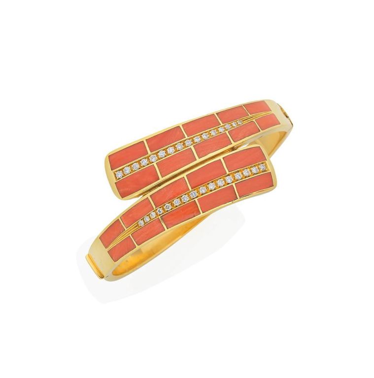 18k Gold Coral and Diamond Bangle