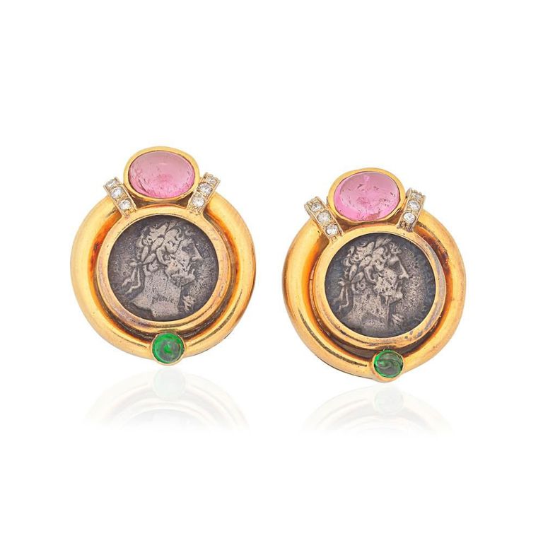 18k Gold Diamond and Tourmaline Coin Earrings