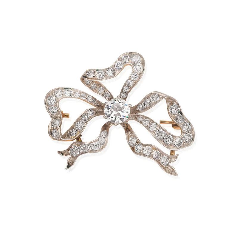 Platinum and 13k Gold Diamond Bow Brooch