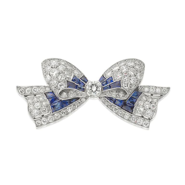Platinum Sapphire and Diamond Bow Brooch