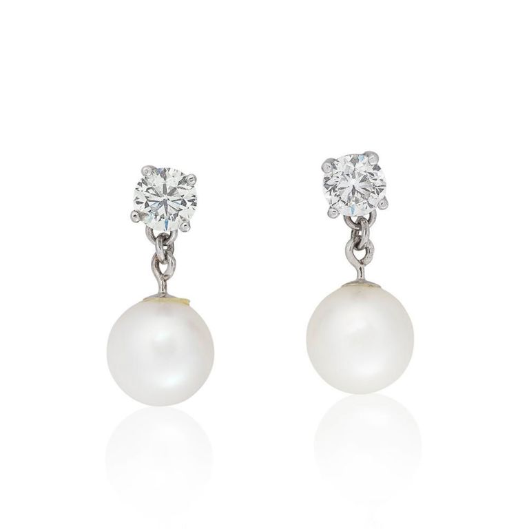 18k White Gold Cultured Pearl and Diamond Earrings
