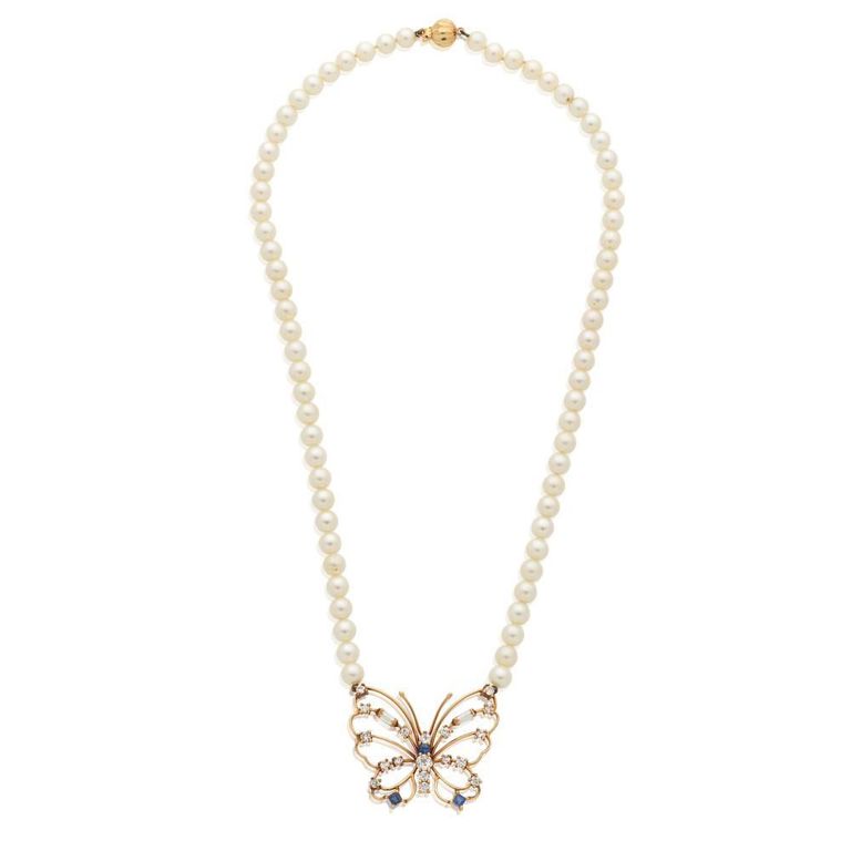 Pearl, Diamond and Sapphire Pendant Necklace