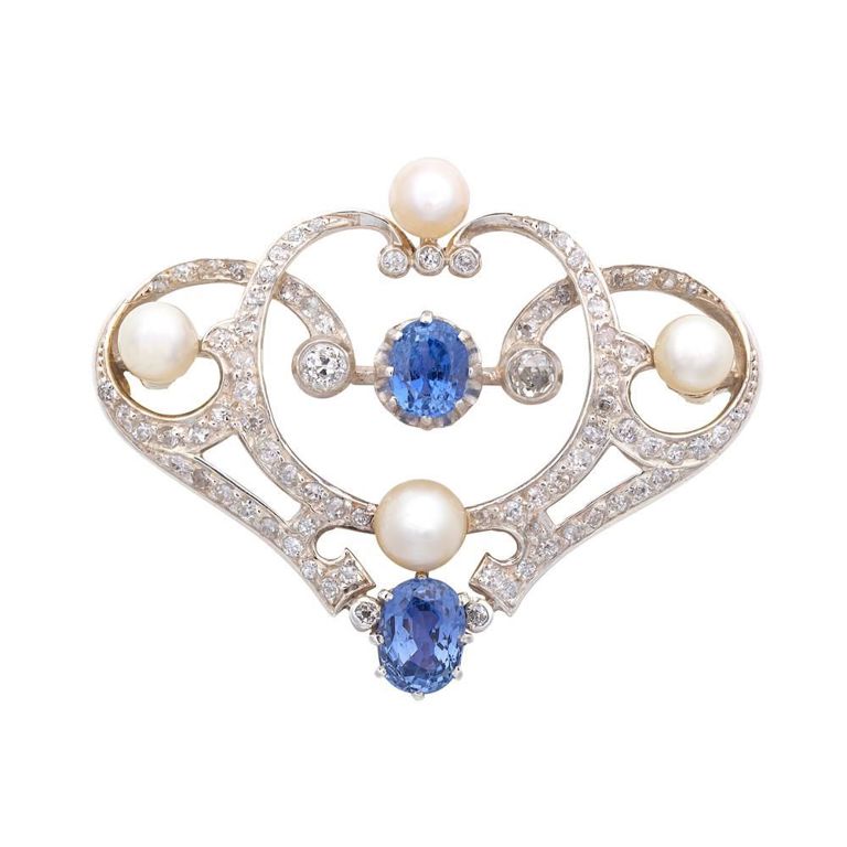 Sapphire, Diamond and Cultured Pearl Brooch