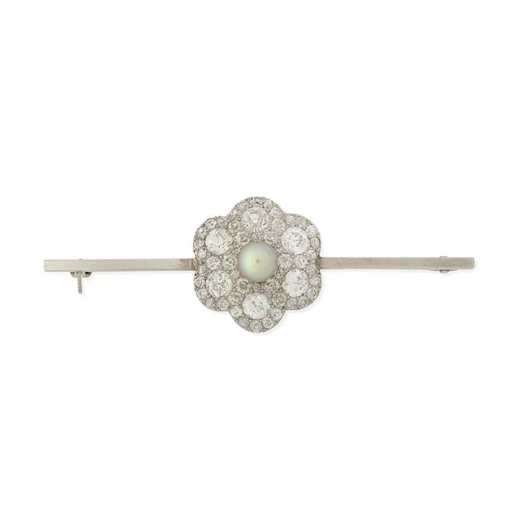 Cultured Pearl and Diamond Bar Brooch