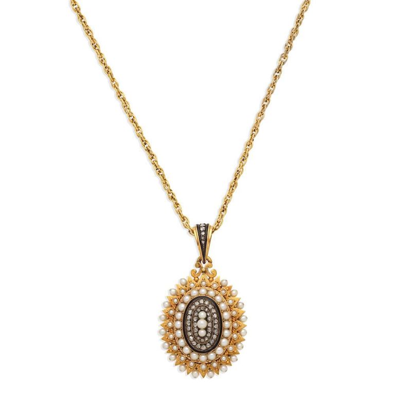 Enamel, Seed Pearl and Diamond Pendant