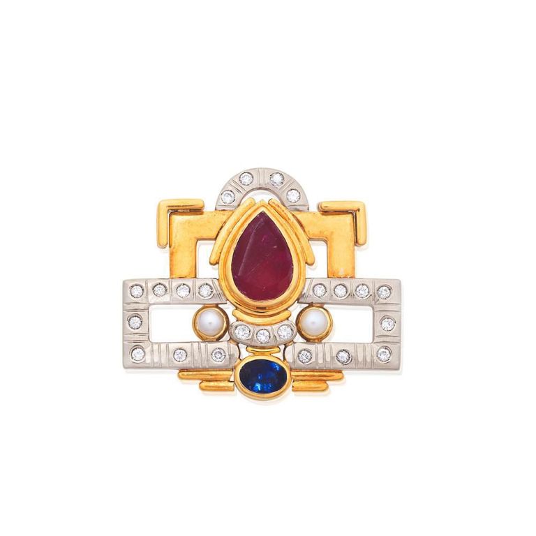 17k Gold Gem-Set Cultured Pearl Brooch