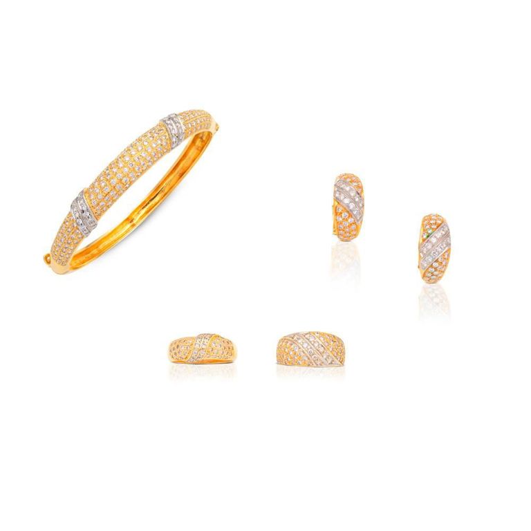 Gold Diamond Bangle, Earrings and Rings