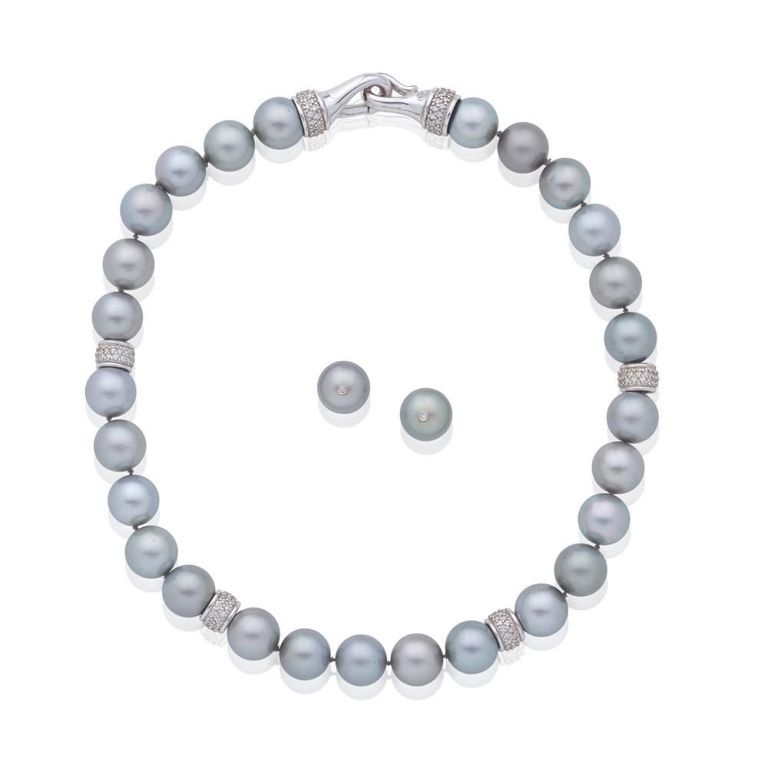 Cultured Pearl, Diamond Necklace and Earstuds