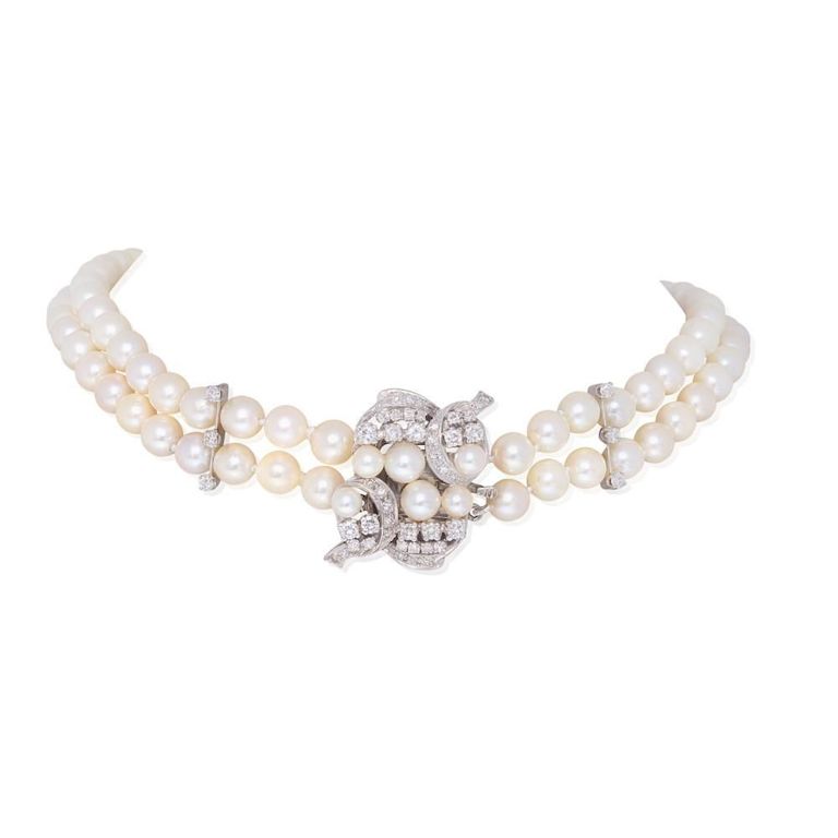 Cultured Pearl and Diamond Choker Necklace