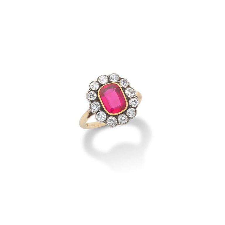 18k Gold Synthetic Ruby and Diamond Ring