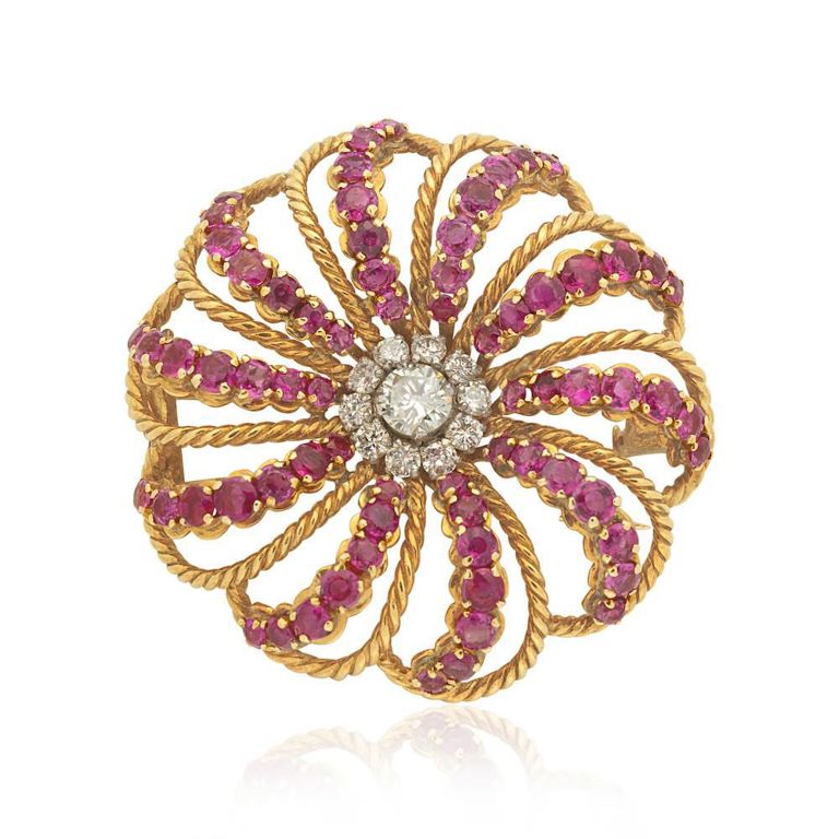 18k Gold Ruby and Diamond Brooch