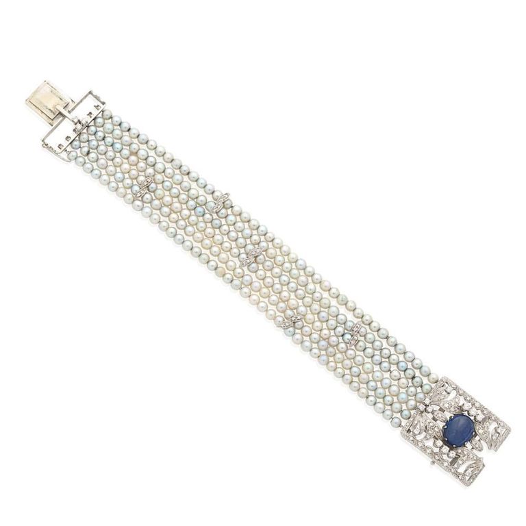Cultured Pearl, Sapphire and Diamond Bracelet