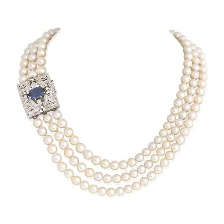 Cultured Pearl, Sapphire and Diamond Necklace