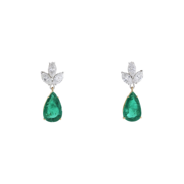 18k Gold Emerald and Diamond Pendant Earrings