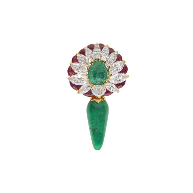 18k Yellow Gold Emerald, Ruby and Diamond Brooch