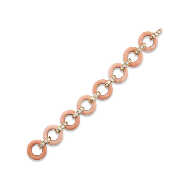 18k Yellow Gold Coral and Diamond Bracelet