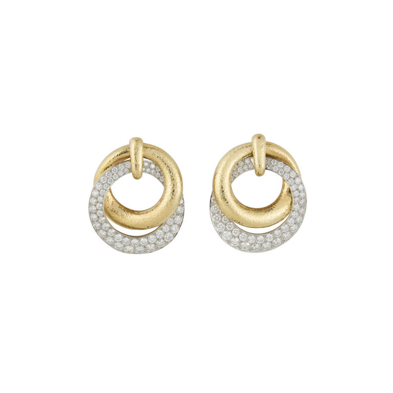 Platinum and 18k Gold Diamond Double Hoop Earrings